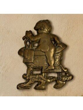 Vintage Brass Cherub Wall Plaque, Putto Wall Hanging, Victorian Nursery Decor, C